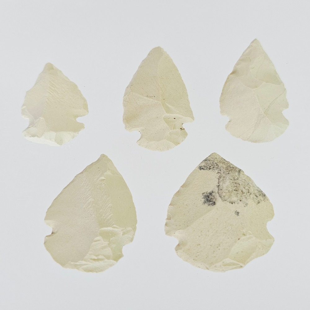 Vintage Hand Knapped Chert Arrowhead Collection 5pc Off White Stone Artifacts